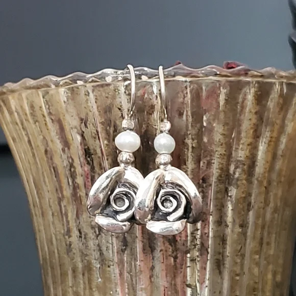 PZ ISRAEL Sterling Rose Earrings with White Cultured Pearl 1.25”L - Picture 4 of 15